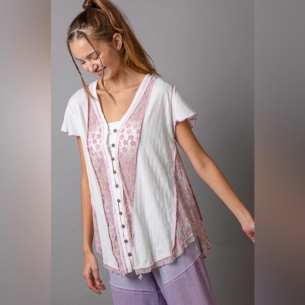 POL Lace Button Down Top